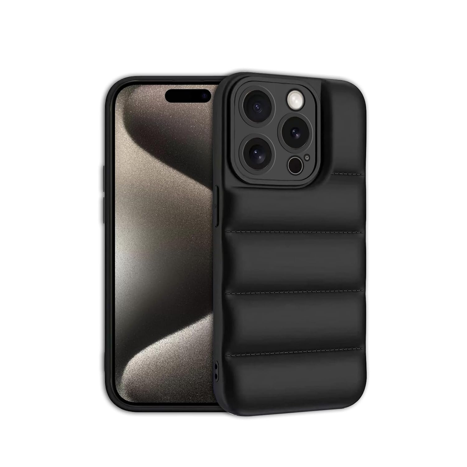 61tFPwK7rAL._SL1500_ icall Puffer Case Camera Protection Soft Back Cover for Apple iPhone 15 Pro - Black - Rubber - Image 1